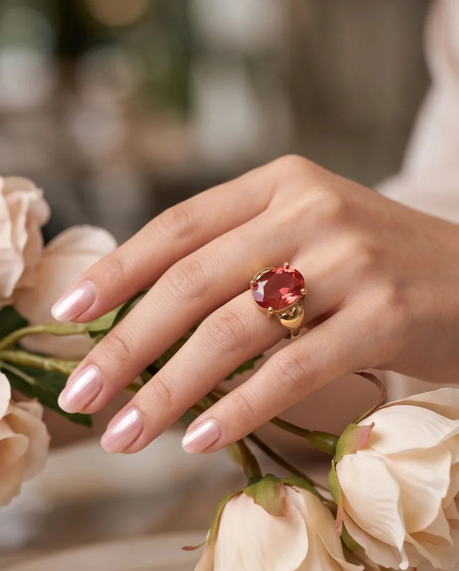 Gold Plated Pink Morganite Oval Heart Accent Ring