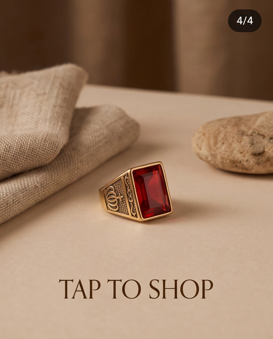 Crimson Ruby Emerald-Cut Gemstone Crown Motif Gold Ring
