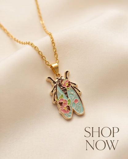 Gold Floral Cicada Enamel Chain Necklace