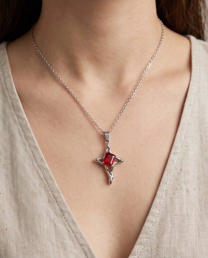 Silver Red Gemstone Gothic Cross Pendant Necklace