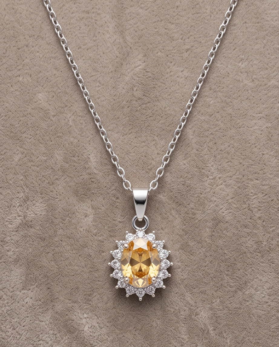 Silver Citrine Yellow Oval Halo Medallion Pendant Necklace
