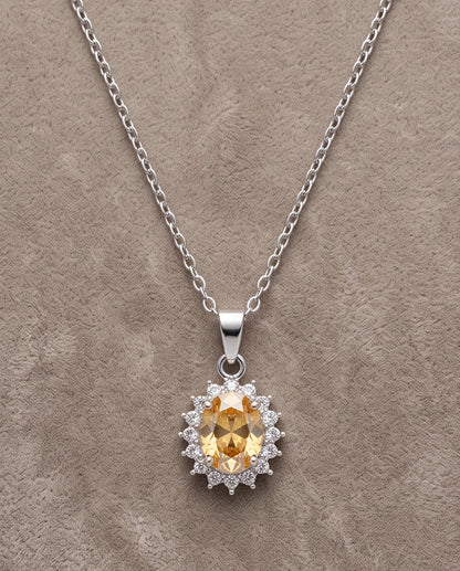 Silver Citrine Yellow Oval Halo Medallion Pendant Necklace