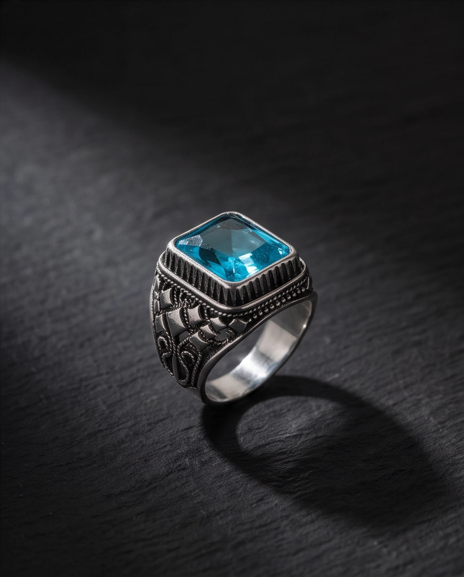 Radiant Cyan Princess-Cut Gemstone Ornate Bezel Silver Ring
