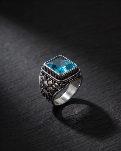 Radiant Cyan Princess-Cut Gemstone Ornate Bezel Silver Ring