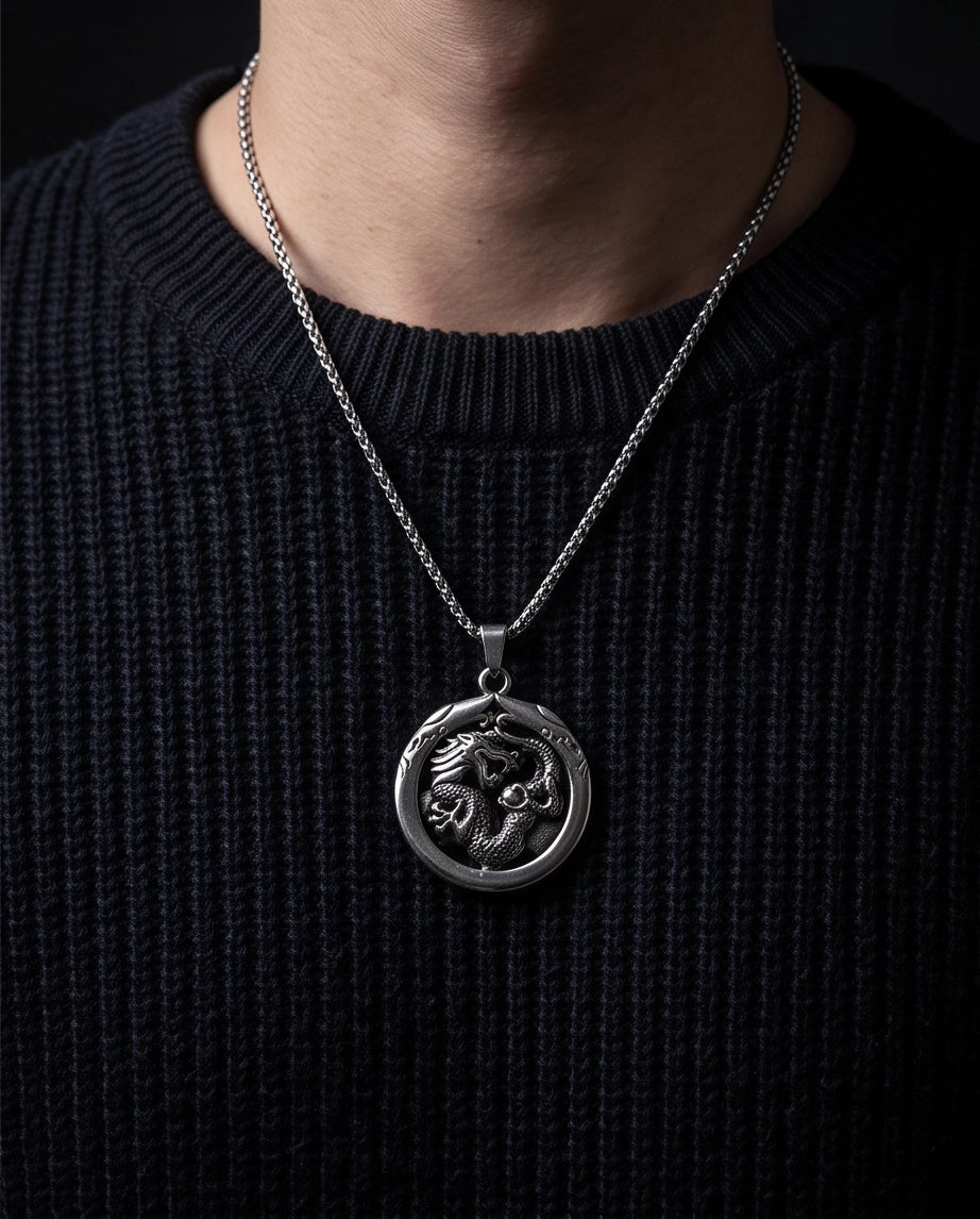 Silver Circular Dragon Medallion Pendant Necklace