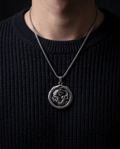 Silver Circular Dragon Medallion Pendant Necklace