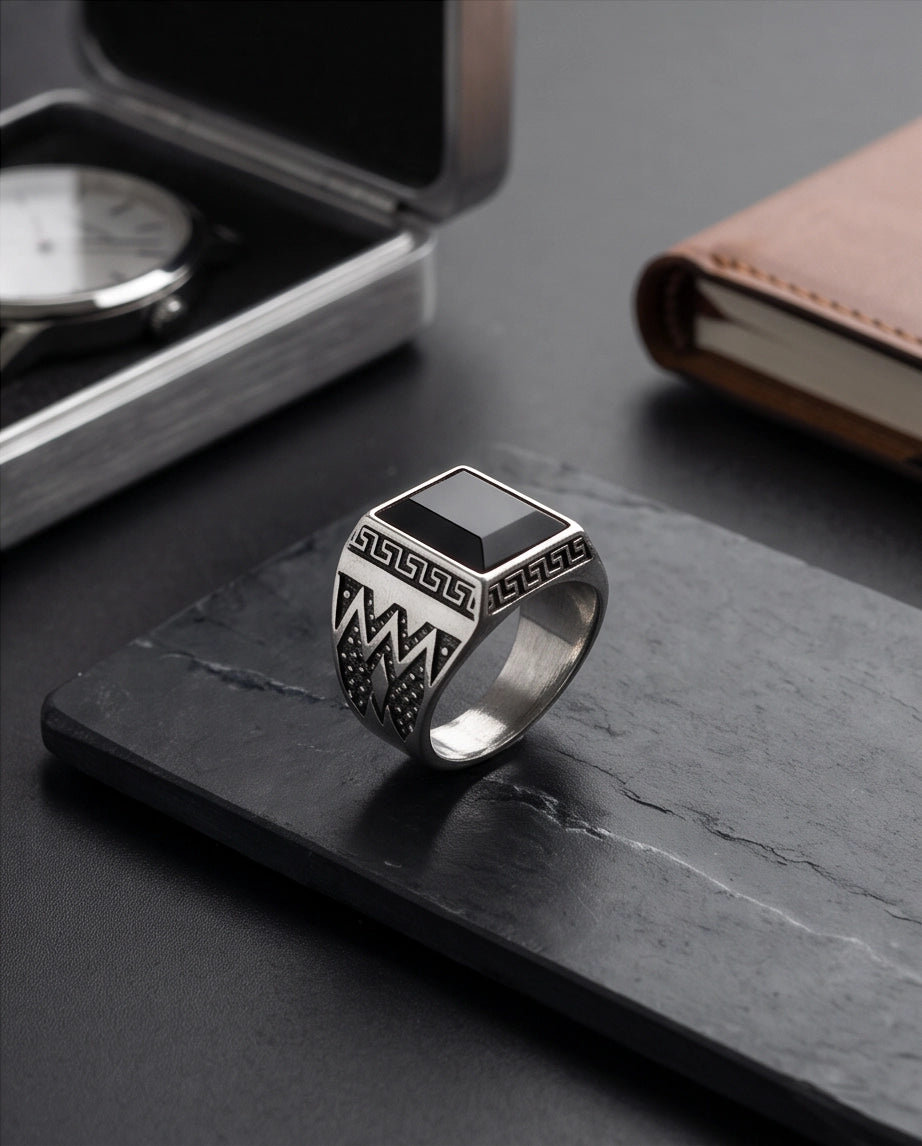 Onyx Gemstone Rectangular Bevel Greek Key Zigzag Silver Ring