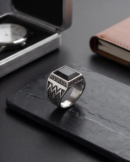Onyx Gemstone Rectangular Bevel Greek Key Zigzag Silver Ring