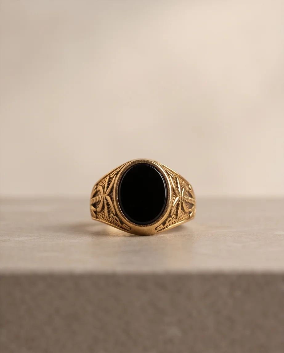 Onyx-Style Oval Cabochon Cross-Motif Filigree Gold Ring
