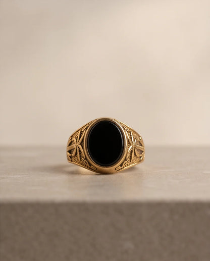 Onyx-Style Oval Cabochon Cross-Motif Filigree Gold Ring