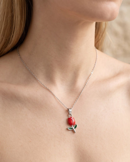 Silver Red Enamel Tulip Pendant Necklace