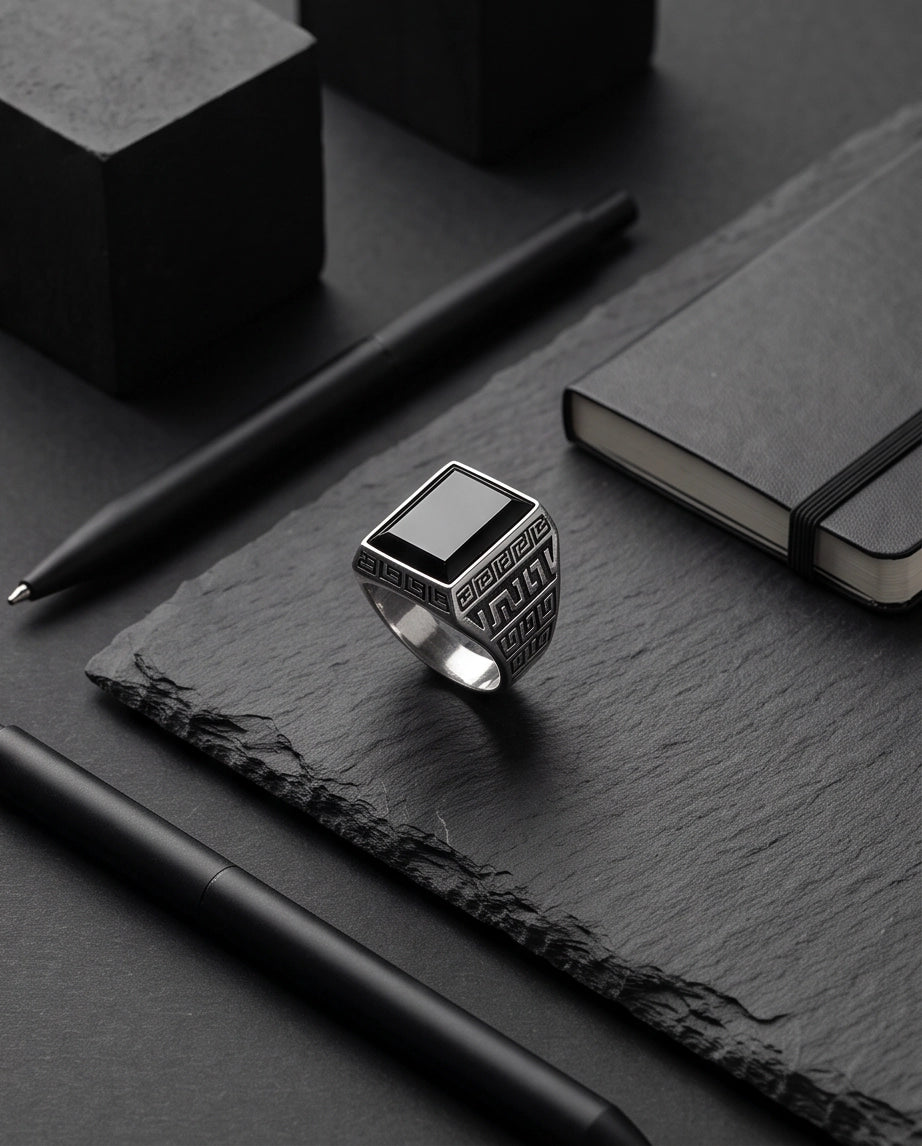 Black Onyx Emerald-Cut Gemstone Greek Key Silver Ring