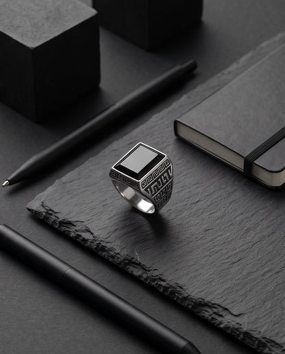 Black Onyx Emerald-Cut Gemstone Greek Key Silver Ring
