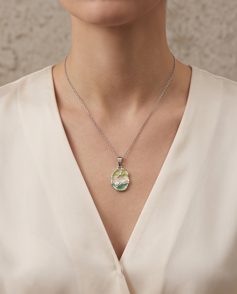 Silver Green Seashell Starfish Pearl Enamel Medallion Chain Necklace