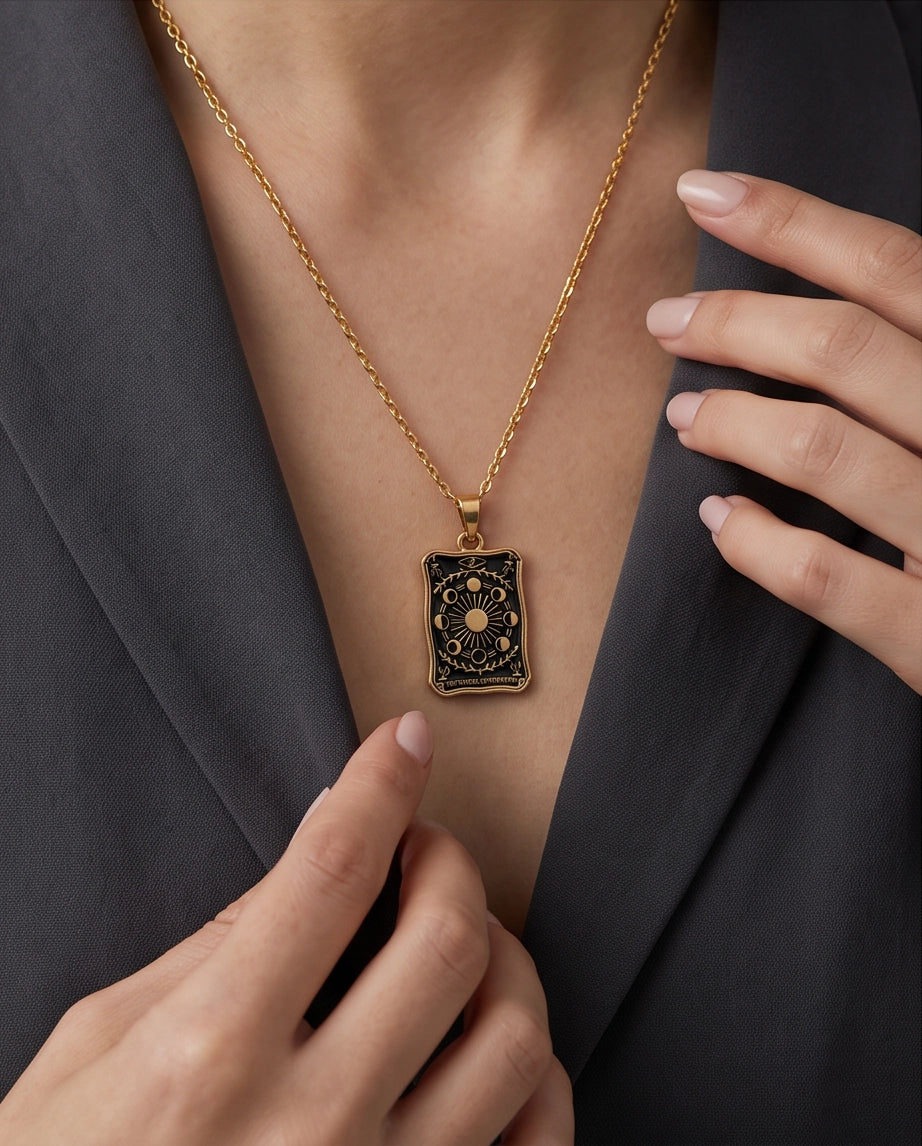 Gold "The Wheel of Fortune" Tarot Card Pendant Necklace