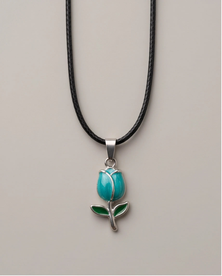 Silver Light Blue Enamel Tulip Pendant Necklace