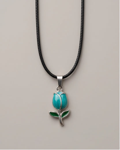 Silver Light Blue Enamel Tulip Pendant Necklace