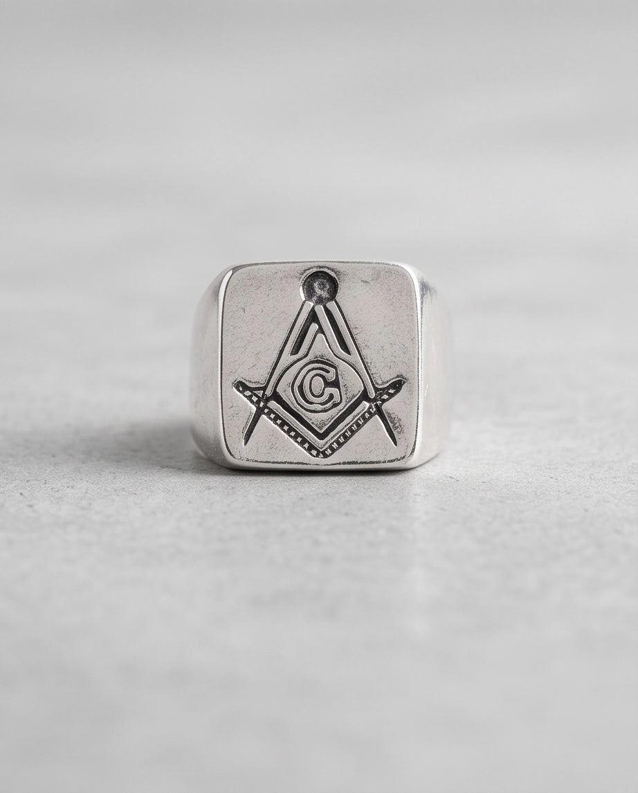 Masonic Square and Compasses Signet Silver Ring