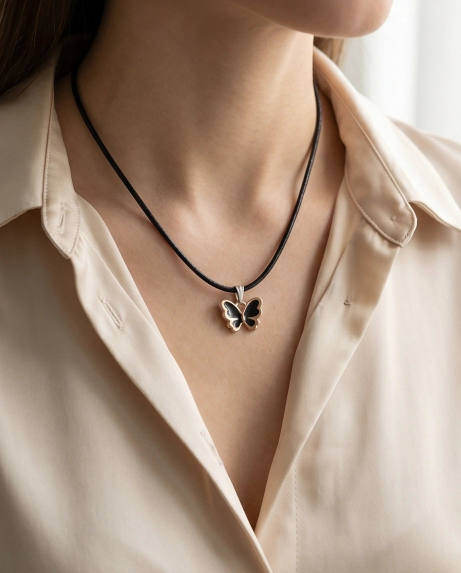 Gold and Black Butterfly Pendant Necklace