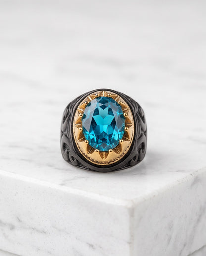 Celestial Aquamarine Sunburst Signet Ring