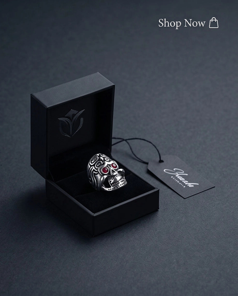 Crimson-Eyed Tribal Ornament Skull Ring