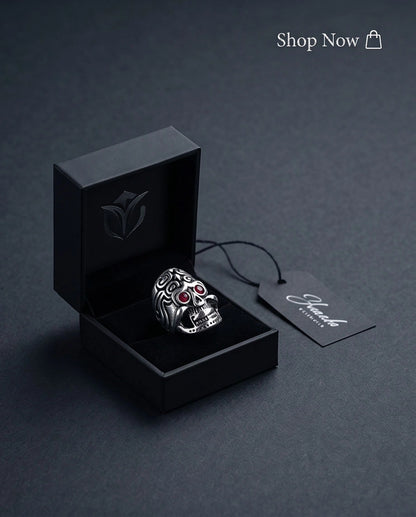 Crimson-Eyed Tribal Ornament Skull Ring