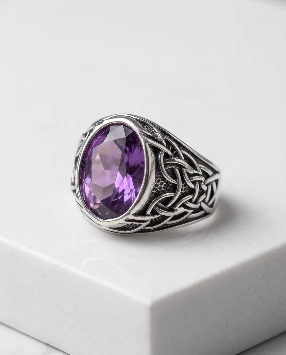 Amethyst Purple Oval-Cut Gemstone Celtic Knot Silver Ring