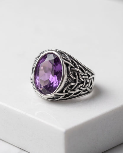 Amethyst Purple Oval-Cut Gemstone Celtic Knot Silver Ring