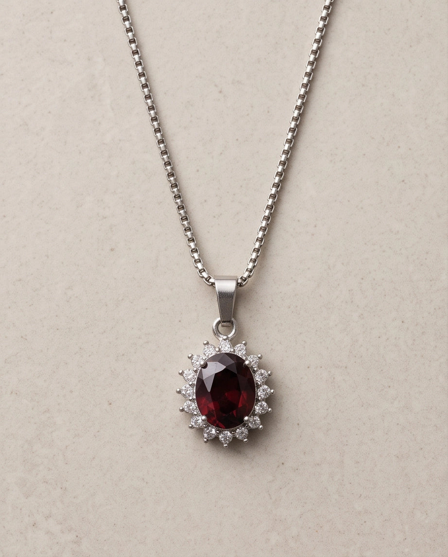 Silver Ruby Red Oval Halo Medallion Pendant Necklace