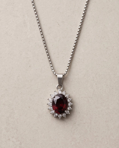 Silver Ruby Red Oval Halo Medallion Pendant Necklace