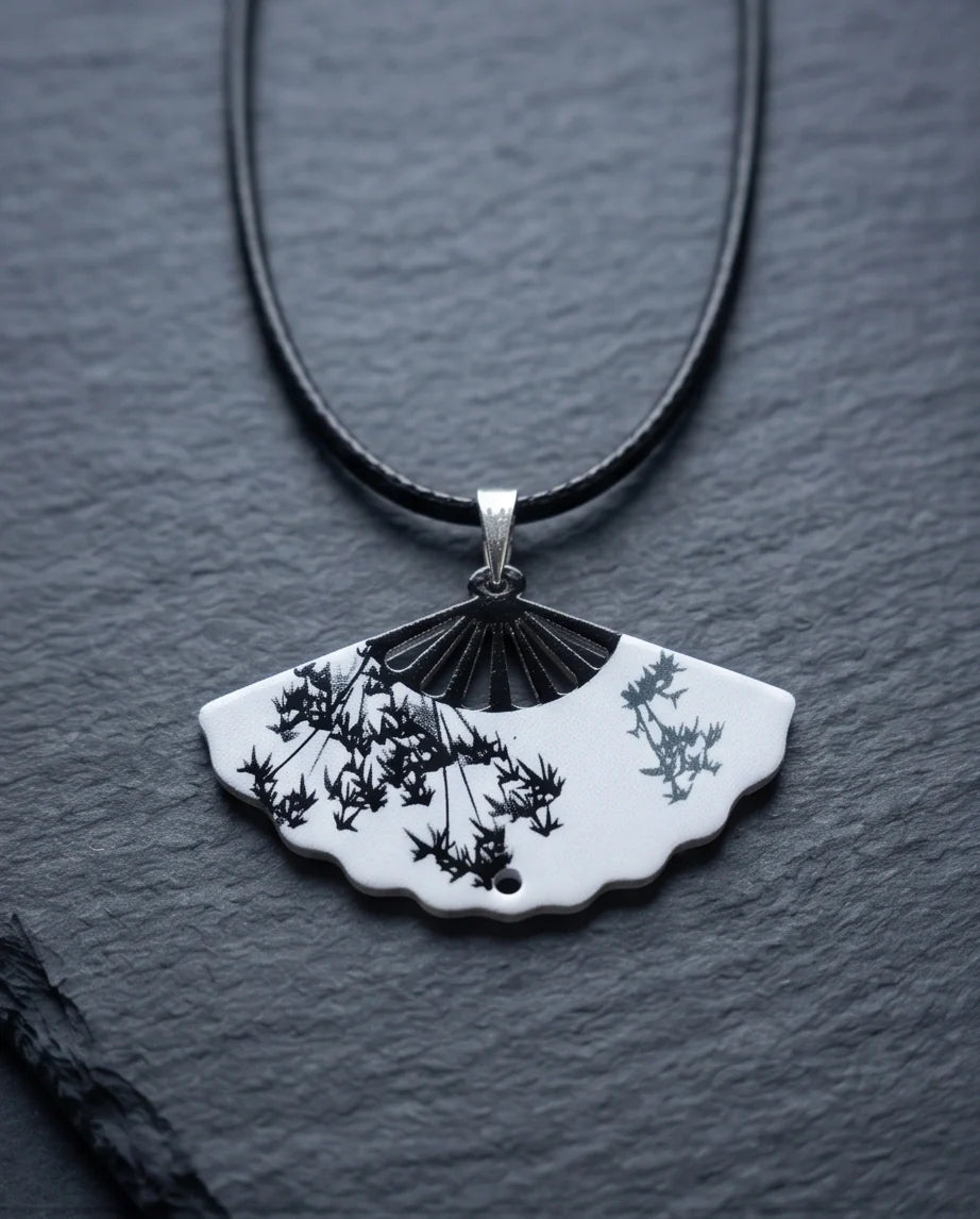 Artistic Monochrome Folding Fan Pendant Necklace