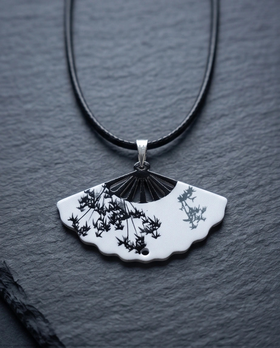 Artistic Monochrome Folding Fan Pendant Necklace