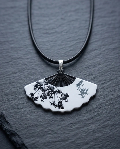 Artistic Monochrome Folding Fan Pendant Necklace