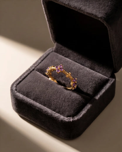 Gold Textured Floral Purple Gemstone Eternity Ring