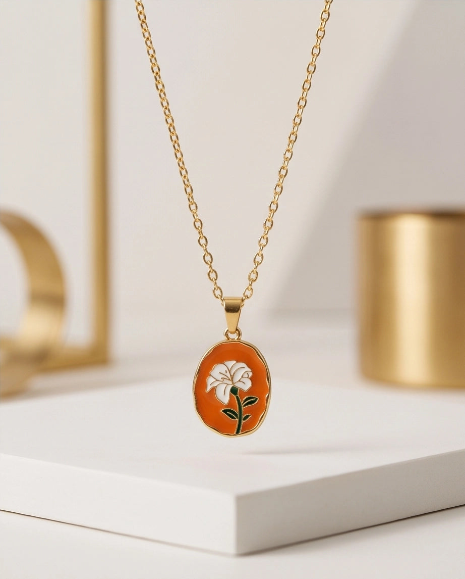 Gold Peach White Flower Enamel Medallion Chain Necklace