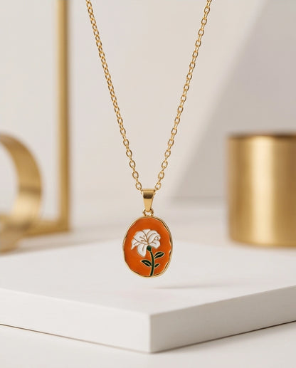 Gold Peach White Flower Enamel Medallion Chain Necklace