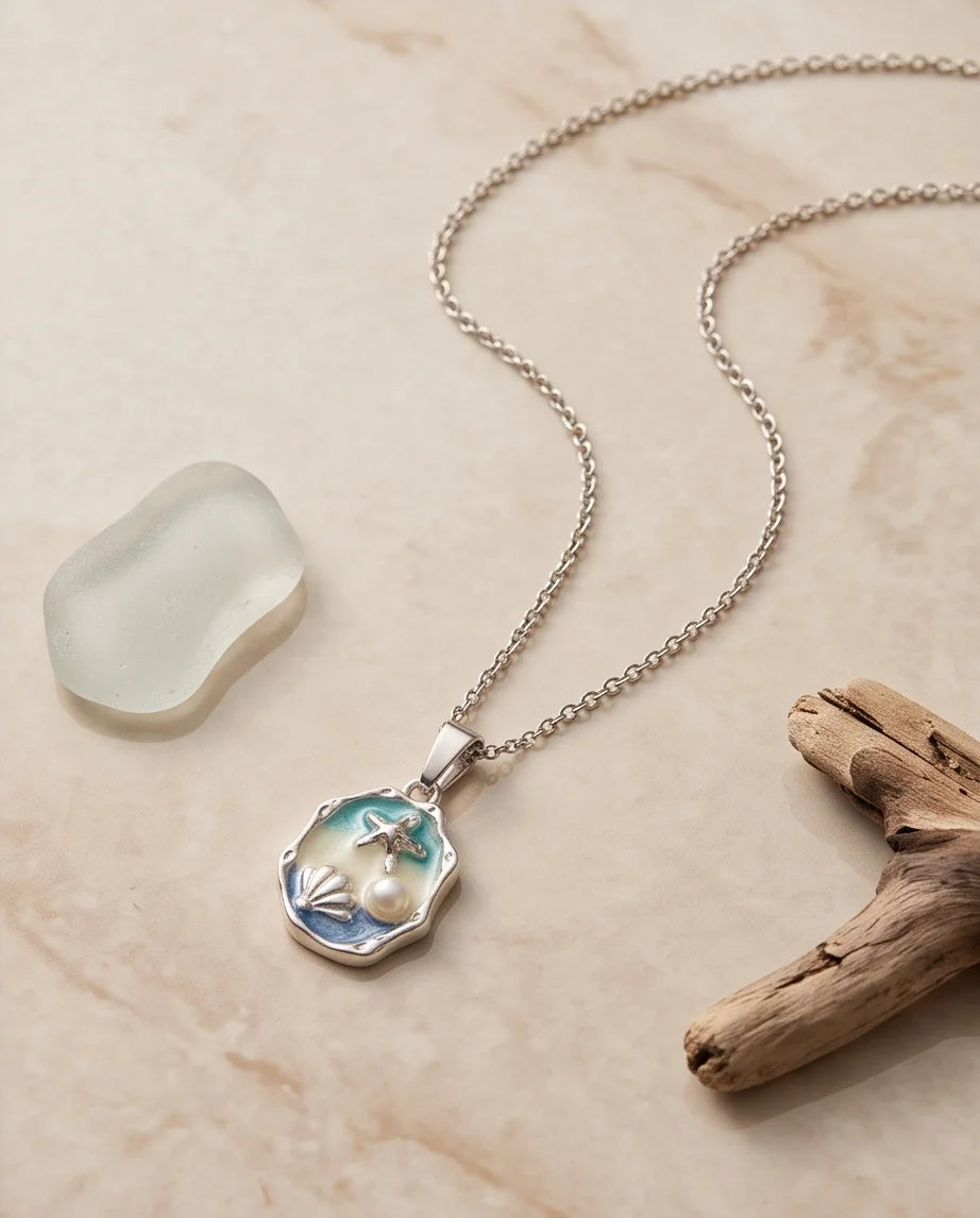 Silver Blue Seashell Starfish Pearl Enamel Medallion Chain Necklace