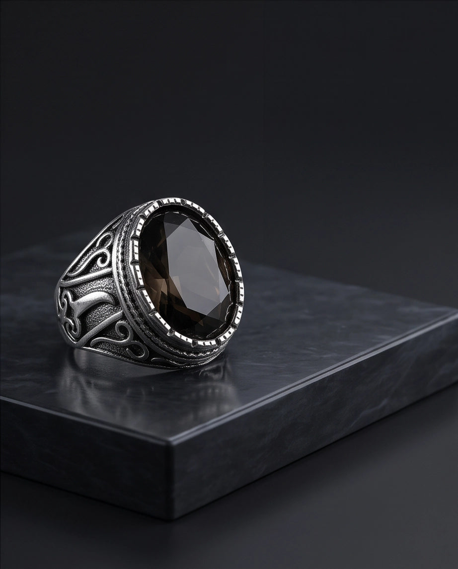 Smoky Quartz Oval-Cut Gemstone Beaded Bezel Silver Ring