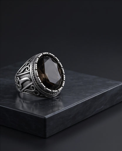 Smoky Quartz Oval-Cut Gemstone Beaded Bezel Silver Ring