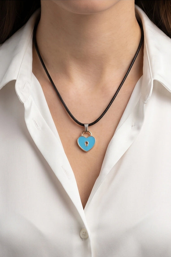 Gold and Pastel Blue Heart Lock Necklace