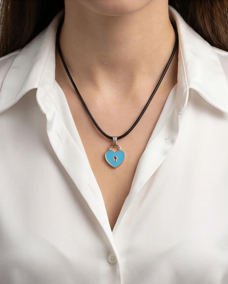 Gold and Pastel Blue Heart Lock Necklace