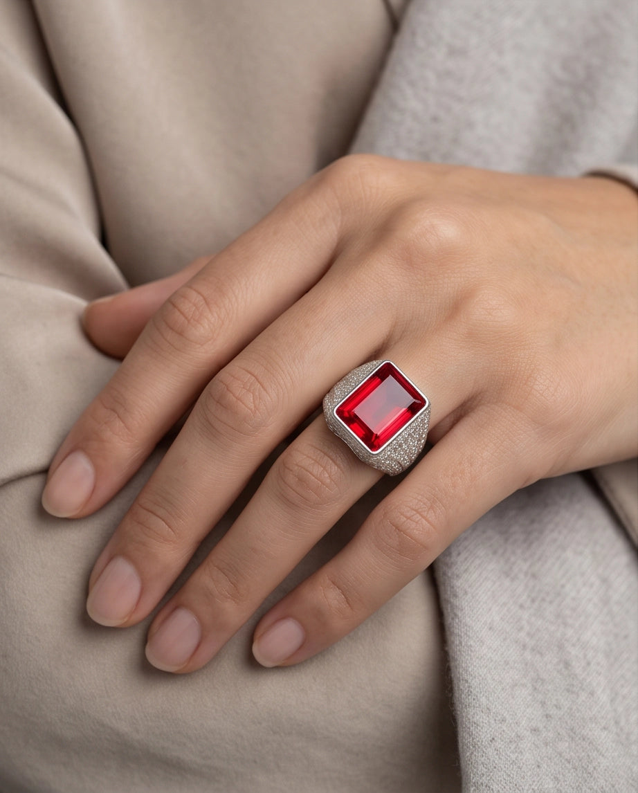 Ruby Red Emerald-Cut Gemstone Stippled Halo Silver Ring