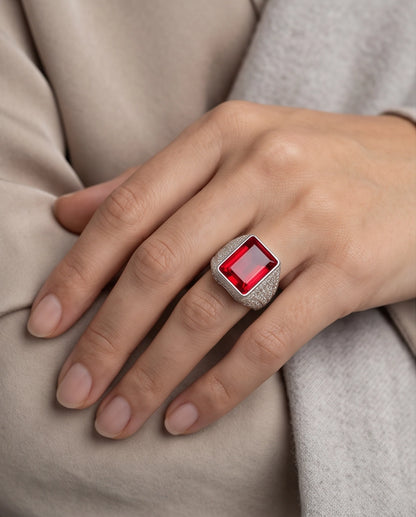 Ruby Red Emerald-Cut Gemstone Stippled Halo Silver Ring