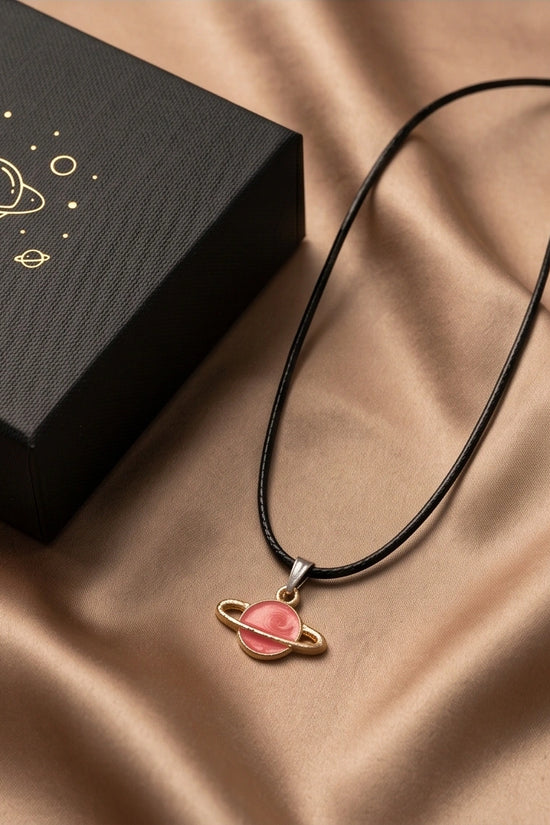 Pink Saturn Planet Enamel Pendant Necklace