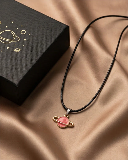Pink Saturn Planet Enamel Pendant Necklace