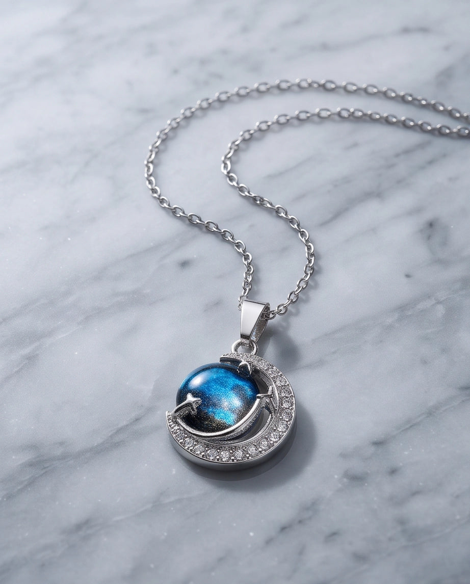Silver Crystal Crescent Moon Cosmic Galaxy Orb Pendant Necklace