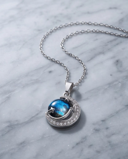 Silver Crystal Crescent Moon Cosmic Galaxy Orb Pendant Necklace