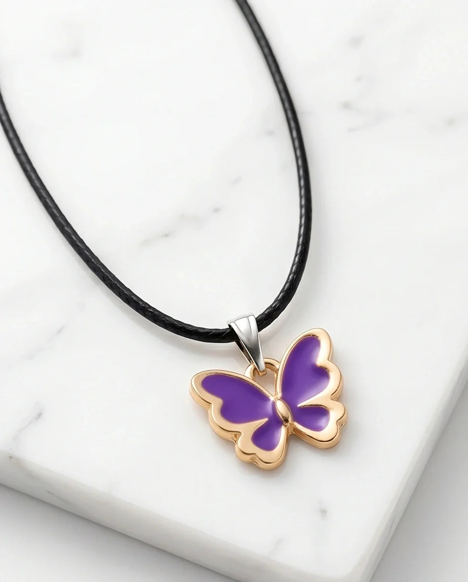 Vibrant Purple Butterfly Enamel Pendant Necklace