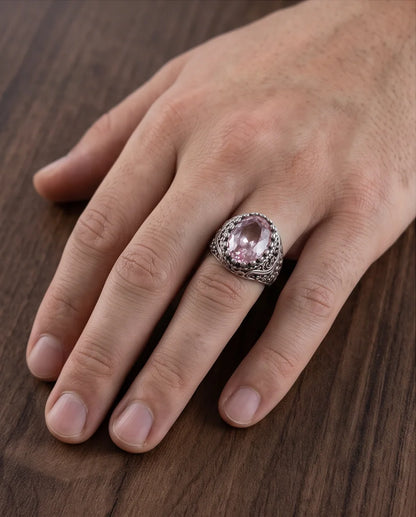 Morganite Gemstone Notched Bezel Scrollwork Silver Ring