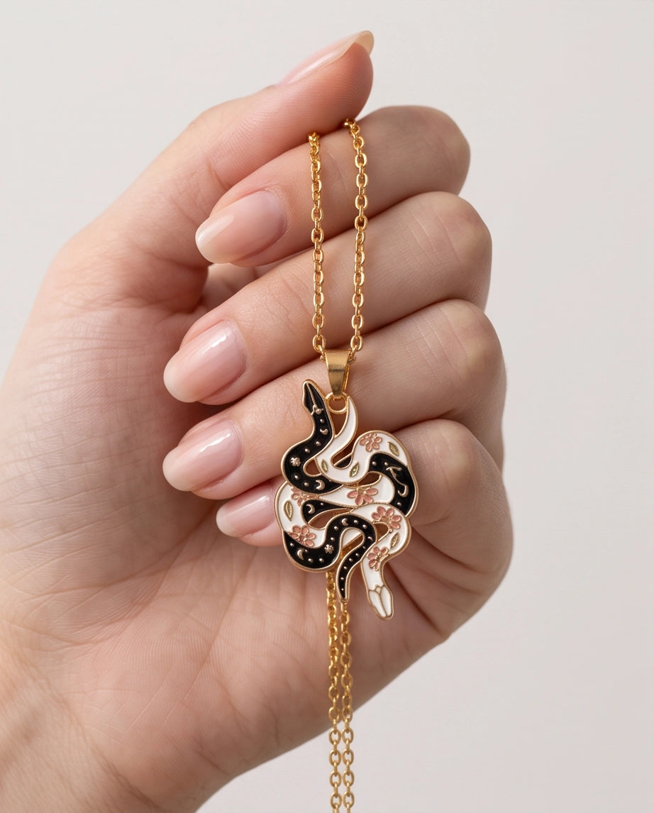 Gold Floral Serpent Enamel Pendant Necklace